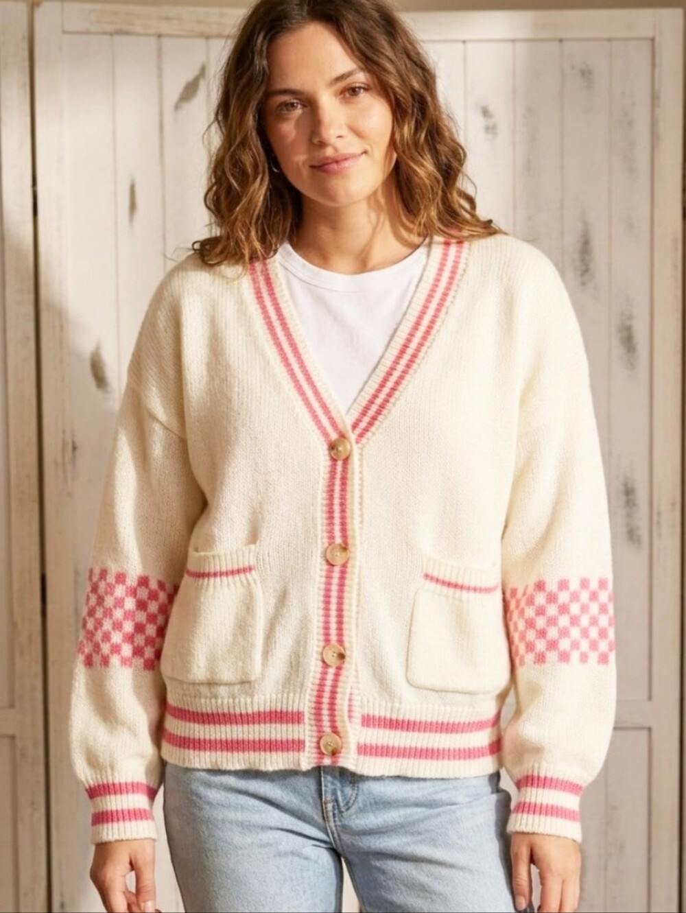 ODDY Cream & Pink V-Neck Button Cardigan Varsity Sweater